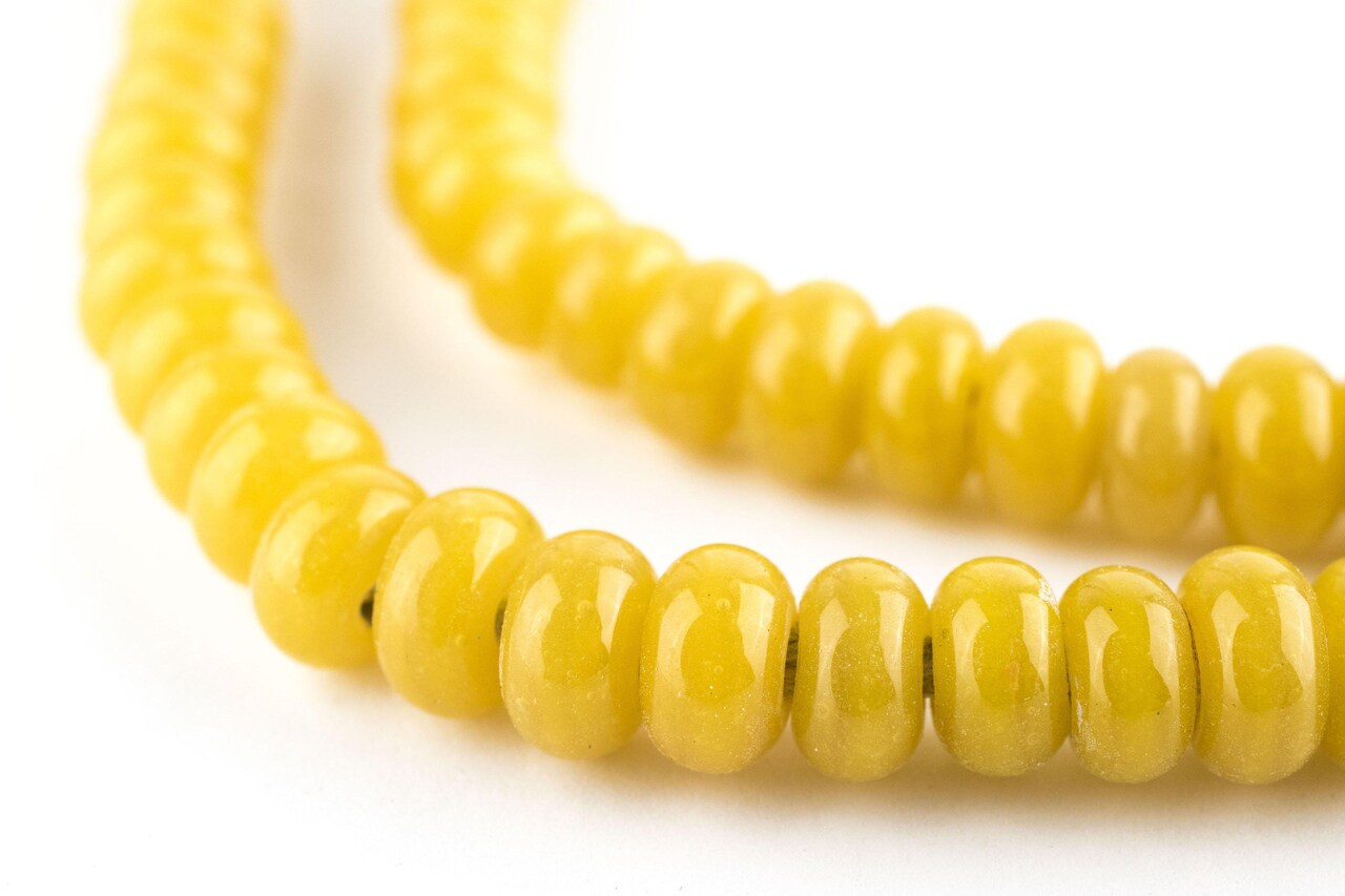 The Bead Chest Yellow Glass Donut Beads - 24 Inch Strand of Indonesian Rondelle Java Glass Beads for Crafts & Jewelry Making